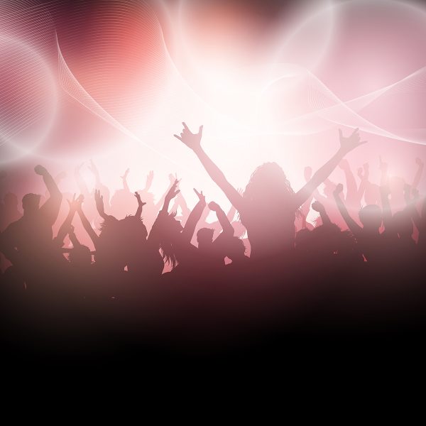 Silhouette of a party crowd on an abstract lights background